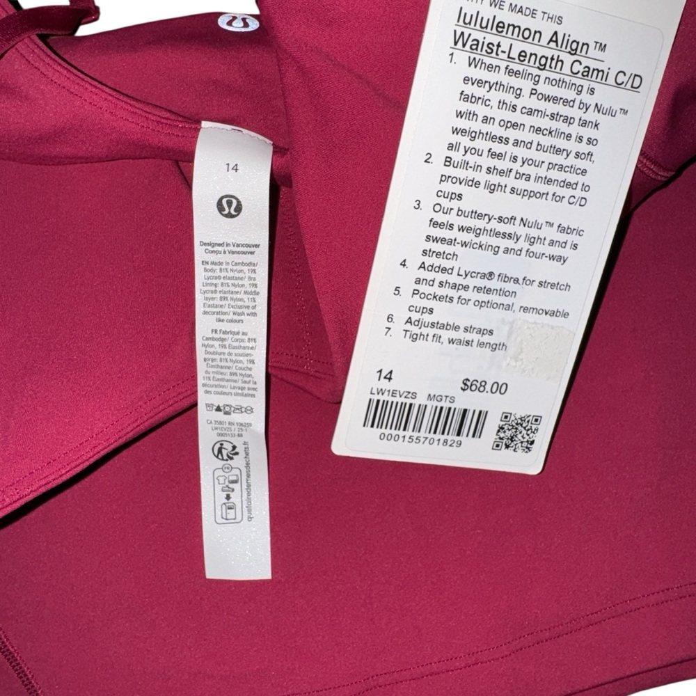 Lululemon Align Waist-Length Cami Tank, C/D Cup, Magenta Smoke, Size 14 NWT - Picture 7 of 7